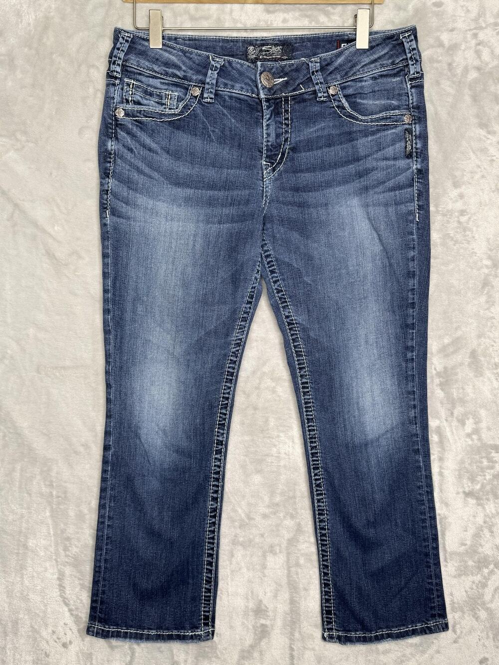 Silver Jeans Co Suki Mid Capri Jeans Womens W32 Blue Embroidered Stretch Denim